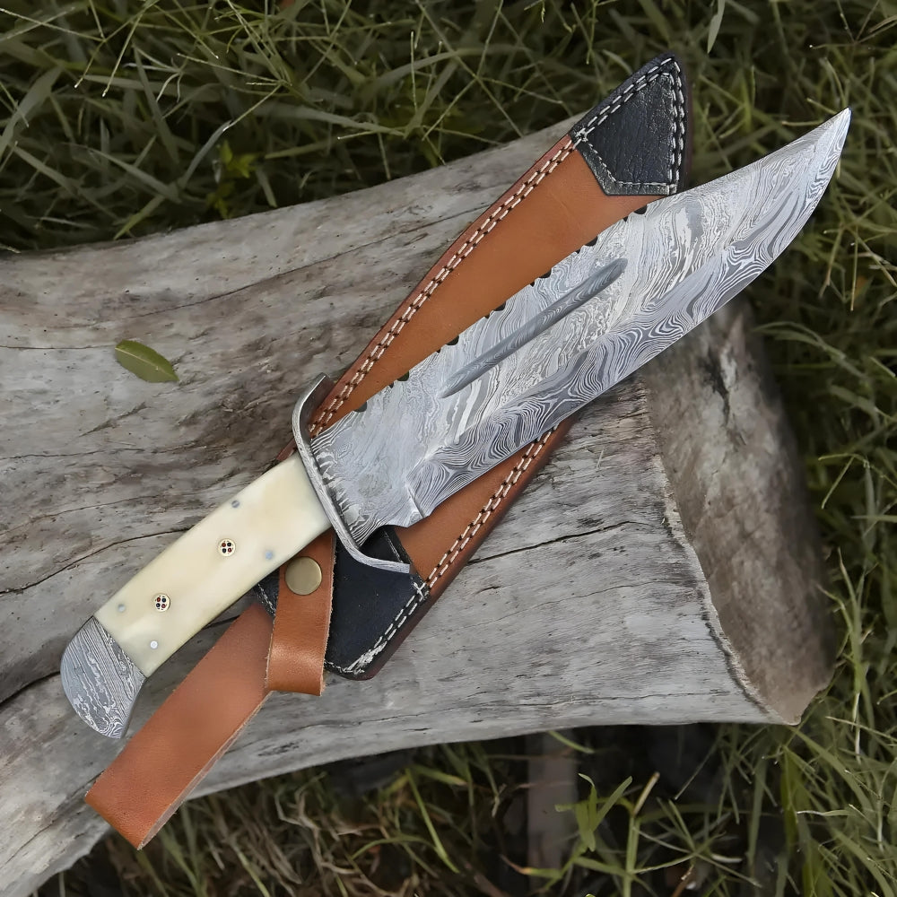 Paul Bunyan Razor - 15" Handmade Damascus Steel Bowie Knife- Full Tang - Camel Bone Handle