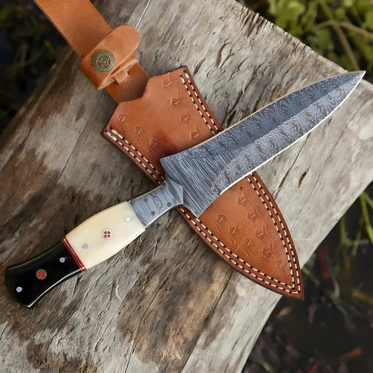 Annie Oakley Carver: Hand Forged Damascus Steel Hunting Boot Knife With Damascus Bolster - Bull Horn & Bone Handle
