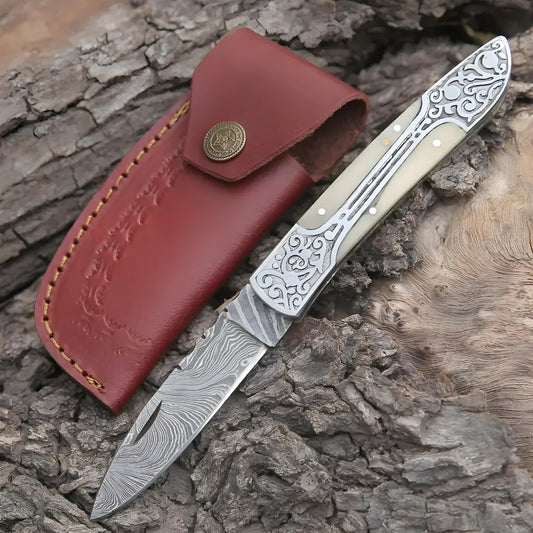 Ivory Edge: 8" Handmade Green Camel Bone Handle Folding Pocket Knife With Engraved Frame Work