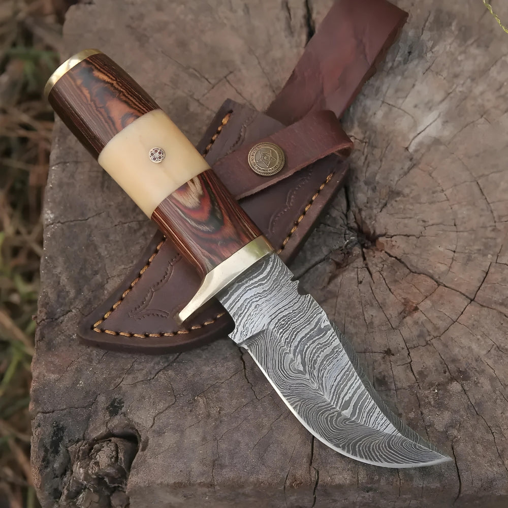 Mike Fink Skinner - CUSTOM HANDMADE FORGED DAMASCUS Steel Hunting Knife Wood & Camel Bone Handle