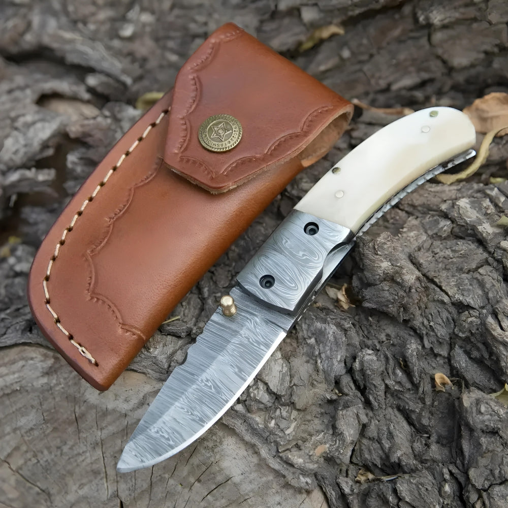 Cartilage Cutter: Hand Forged Damascus Steel Hunting Folding Knife With Damascus Bolster & Camel Bone Handle