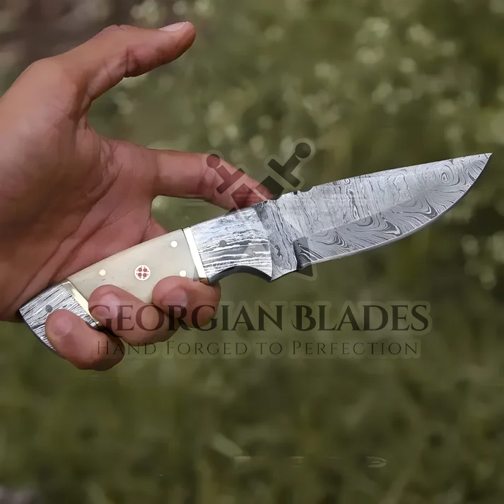 Br'er Rabbit Blade -  8.5” Hand Forged Damascus Steel Full Tang Skinner Knife - Camel Bone Handle