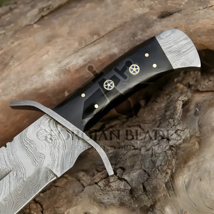 Frontier Finder: 15" Handmade Damascus Steel Bowie Knife- Buffalo Horn Handle