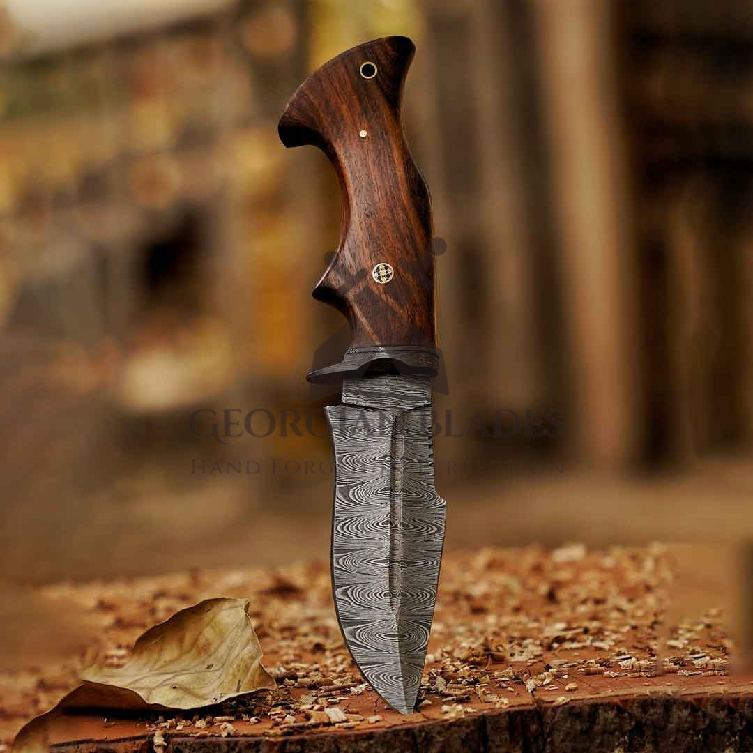 Woodman's Ally - 10.5" Hand Forged Damascus Hunting Knife with Leather Sheath