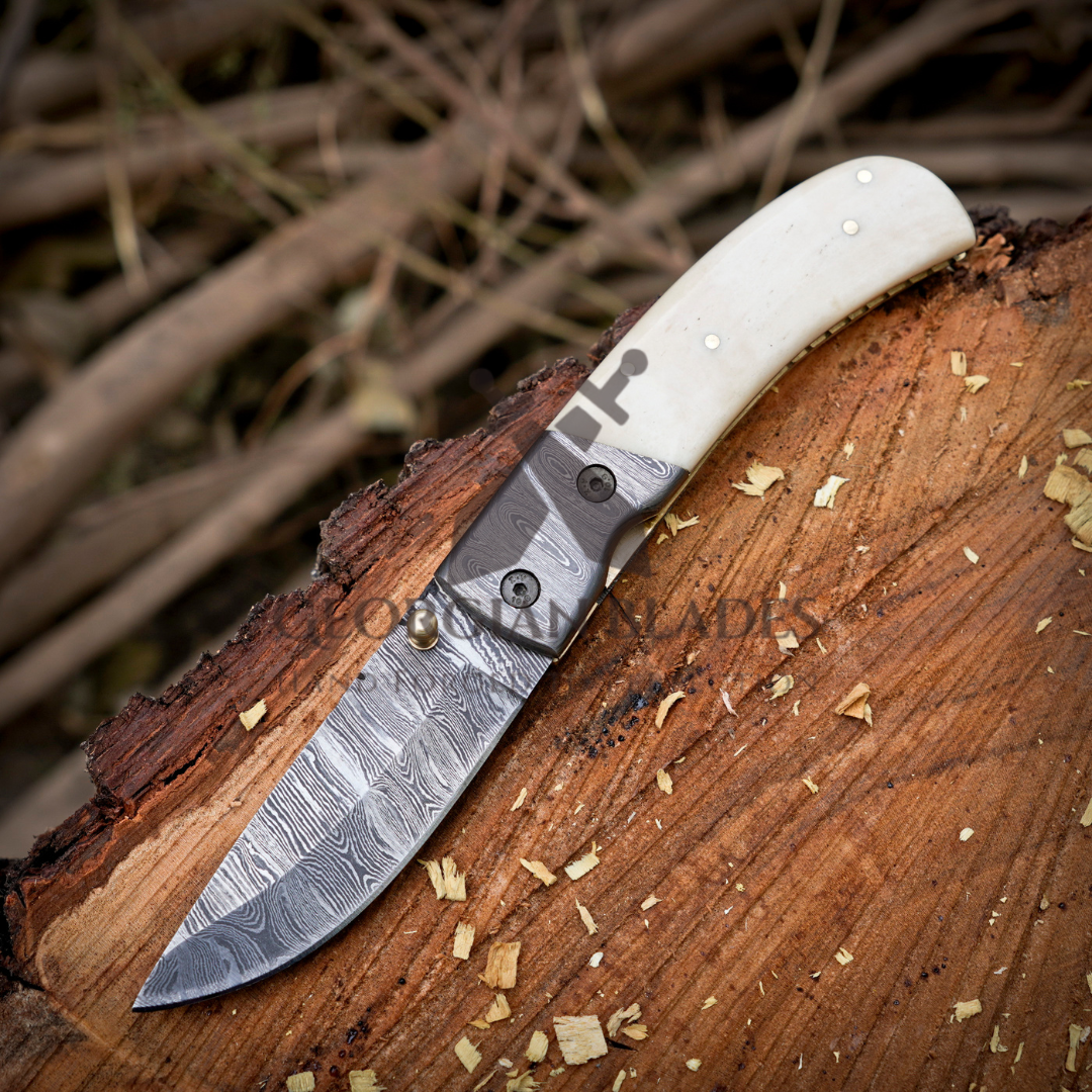 Cartilage Cutter: Hand Forged Damascus Steel Hunting Folding Knife With Damascus Bolster & Camel Bone Handle