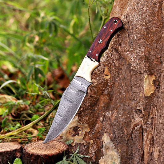 Johnny Appleseed Blade - 10” Custom Hand Forged Damascus Steel Full Tang Hunting Knife - Wood & Bone Handle