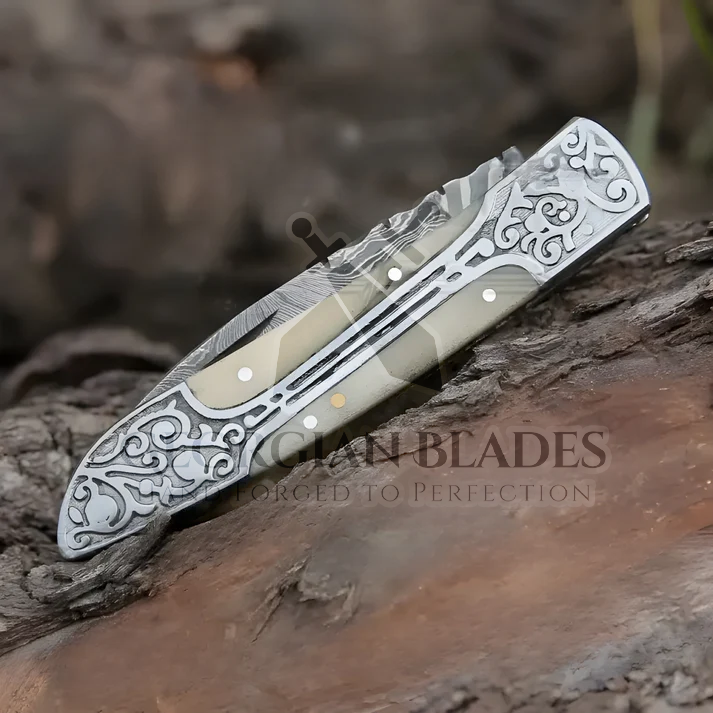 Ivory Edge: 8" Handmade Green Camel Bone Handle Folding Pocket Knife With Engraved Frame Work