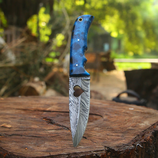 Blue Heart Blade – 9'' Hand Forged Damascus Steel Knife with Blue Resin Handle & Leather Sheath