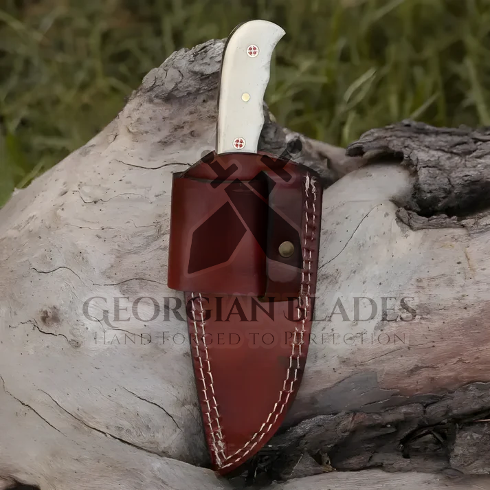 John Henry Slicer - 7.25” Hand Forged Damascus Steel Full Tang Skinner Knife - Camel Bone Handle