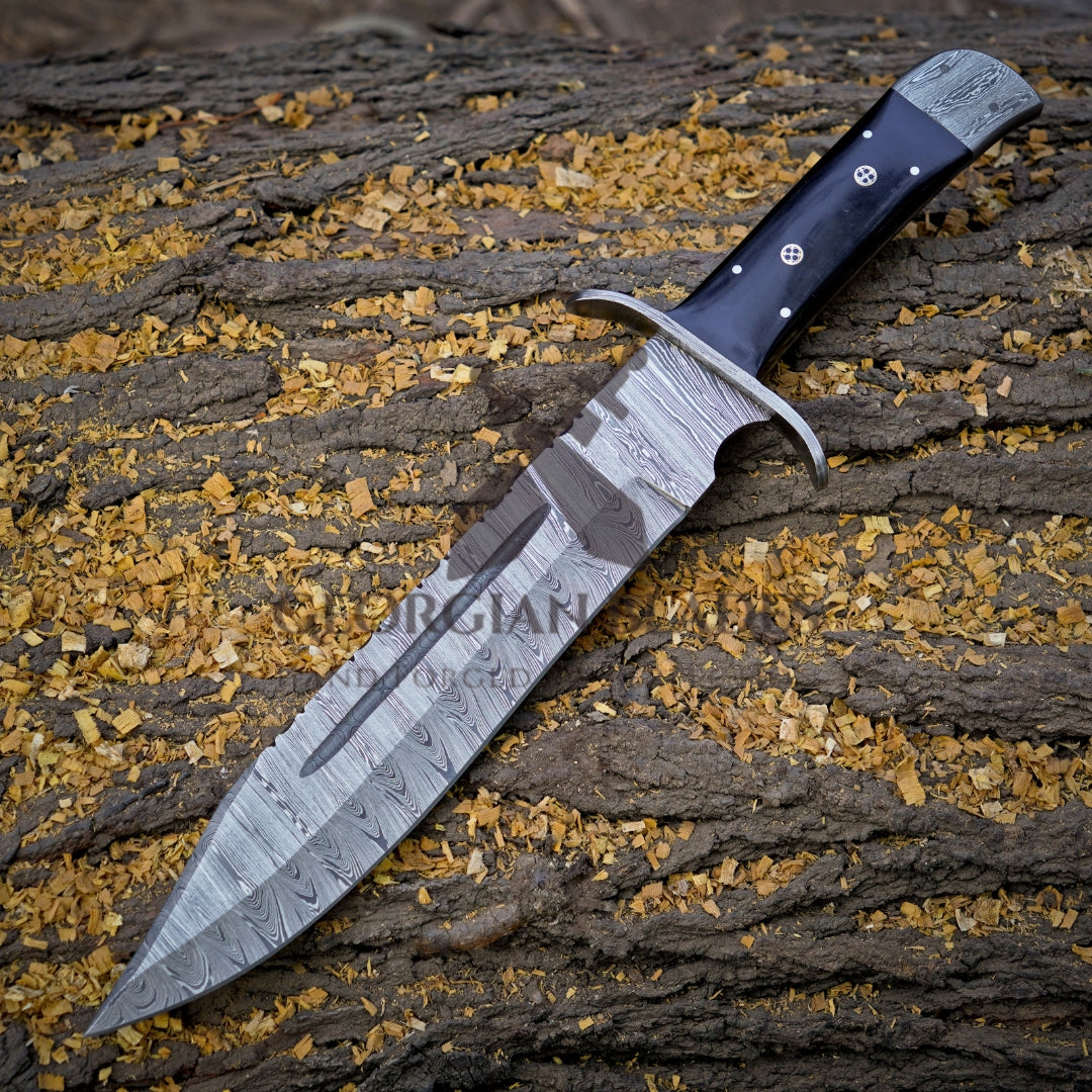 Frontier Finder: 15" Handmade Damascus Steel Bowie Knife- Buffalo Horn Handle