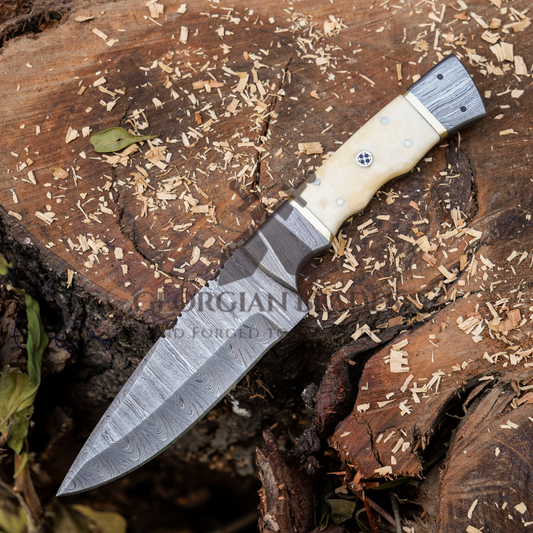 Br'er Rabbit Blade -  8.5” Hand Forged Damascus Steel Full Tang Skinner Knife - Camel Bone Handle