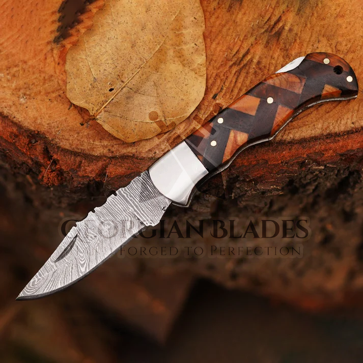 Gentleman's Knife - 6.5" Handmade Folding Knife with Damascus Blade and Rose Wood and Olive Handle