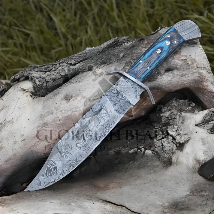 River Runner: 15" Handmade Damascus Steel Bowie Knife- Full Tang - Colored Wood Handle