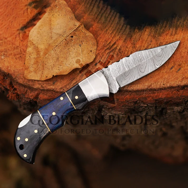 Midnight Wave- 6.5" Handmade Folding Knife with Damascus Blade and Leather Sheath