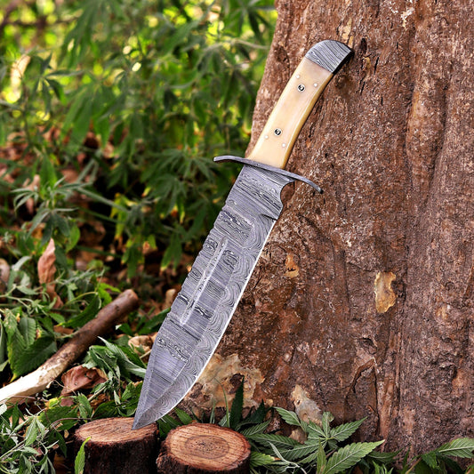 Paul Bunyan Razor - 15" Handmade Damascus Steel Bowie Knife- Full Tang - Camel Bone Handle