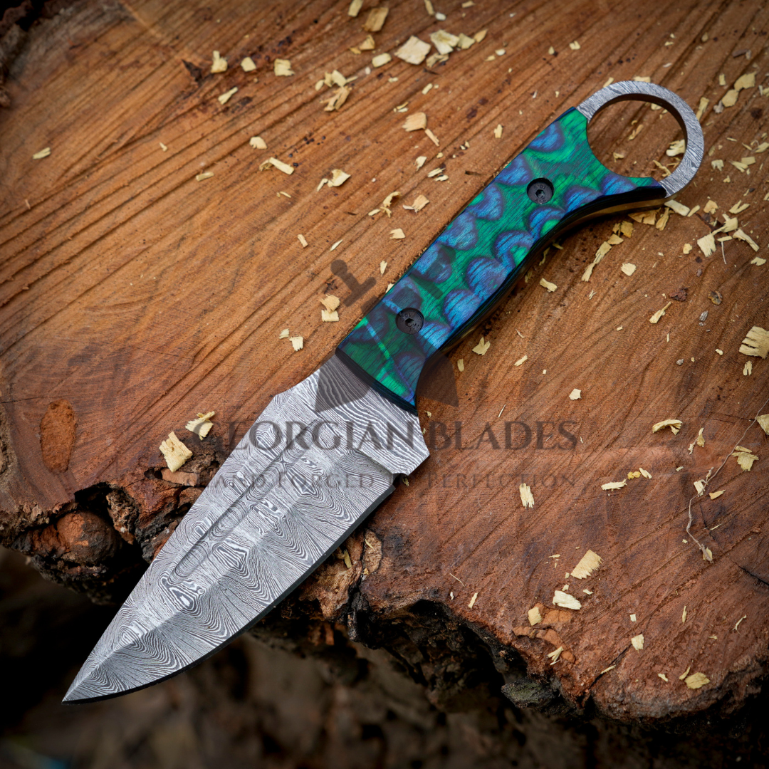 Mystic Blade - Hand-Forged 9" Damascus Steel Hunting Knife with Colored Resin Handle and Leather Sheath– Perfect for Outdoor Enthusiasts