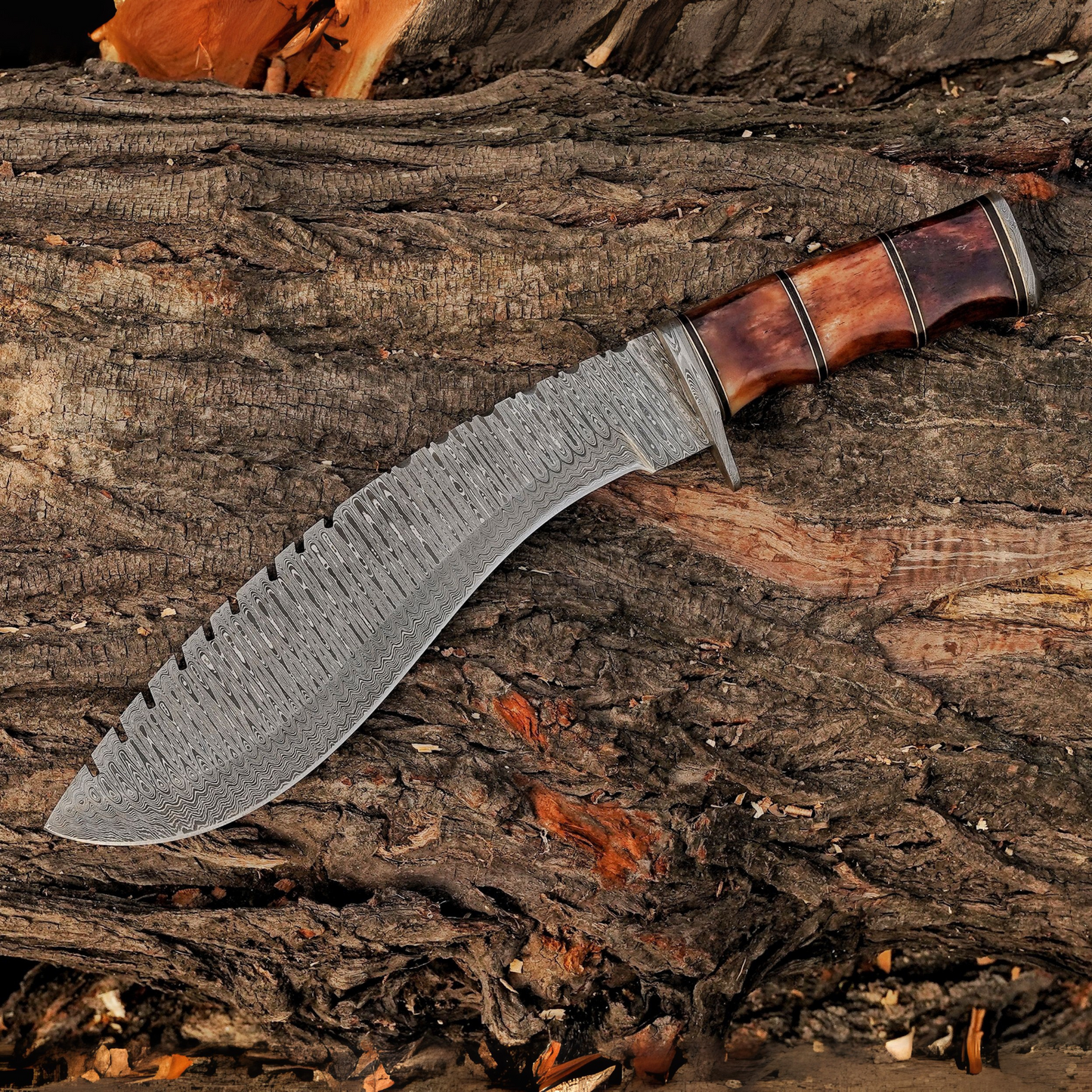 Emberwood Kukri – 15 inch Hand-Forged Damascus Masterpiece Kukri Knife with Leather Sheath