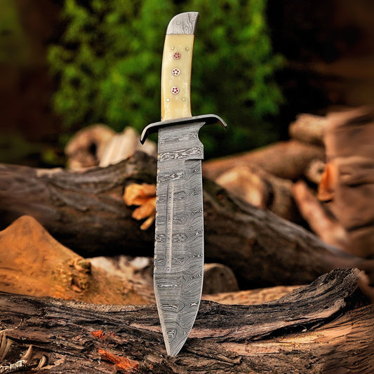 Paul Bunyan Razor - 15" Handmade Damascus Steel Bowie Knife- Full Tang - Camel Bone Handle