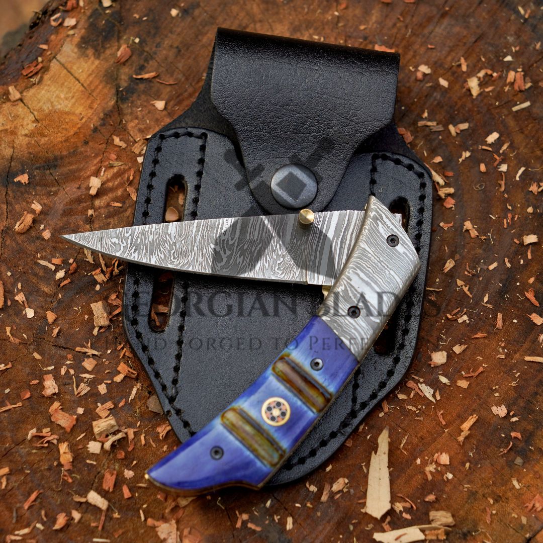 The Sullivan Folder 7.5-inch Hand Forged Damascus Steel Pocket Knife with Leather Sheath