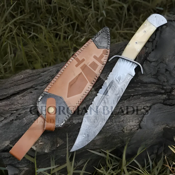 Paul Bunyan Razor - 15" Handmade Damascus Steel Bowie Knife- Full Tang - Camel Bone Handle