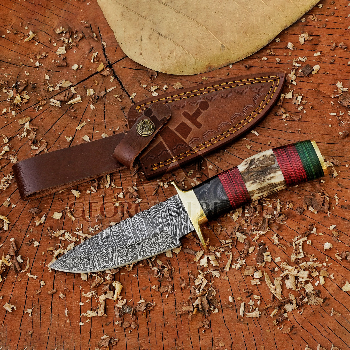Shadowfang - 9 inch Damascus Steel Hunting Knife with Stag Horn Handle