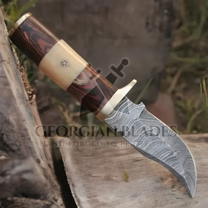 Mike Fink Skinner - CUSTOM HANDMADE FORGED DAMASCUS Steel Hunting Knife Wood & Camel Bone Handle