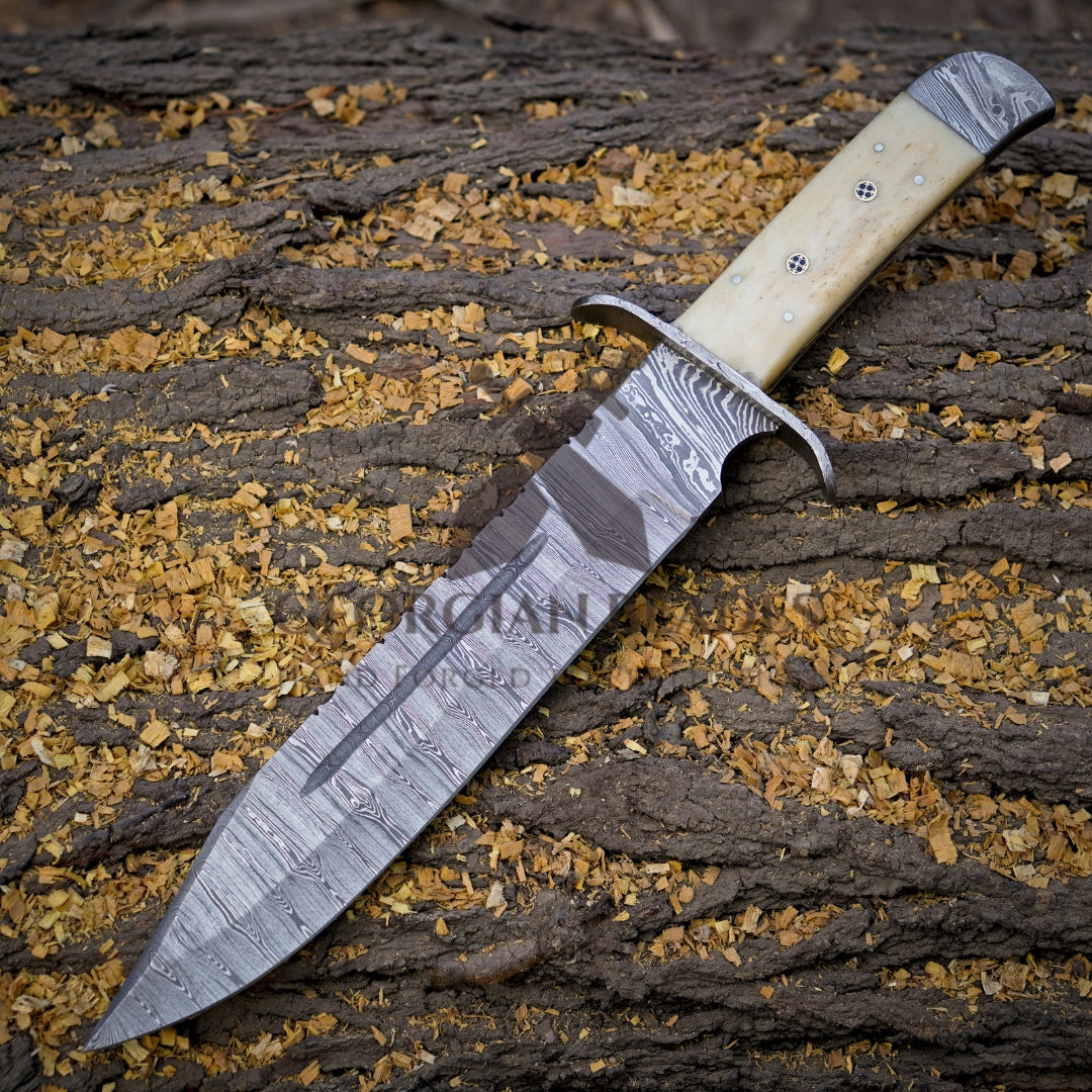 Paul Bunyan Razor - 15" Handmade Damascus Steel Bowie Knife- Full Tang - Camel Bone Handle