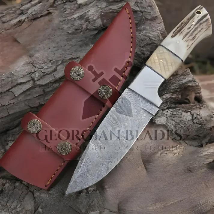 Pecos Pete Slicer: Forged Damascus Steel Skinner Knife EDC 9” -V3 With Stag Antler & Engraved Camel Bone Handle