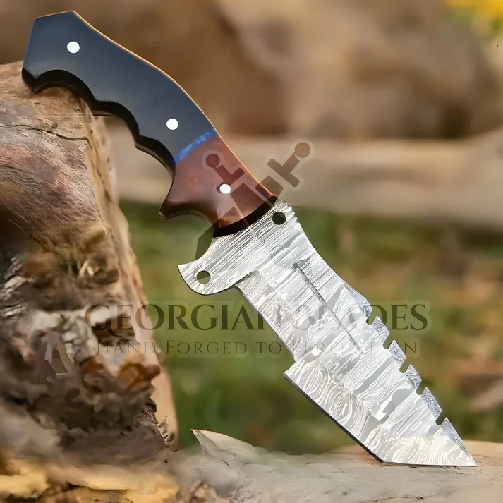 Explorer's Companion: 10” Damascus Steel Tracker Hunting Camping Knife With Resin & Wood Handle