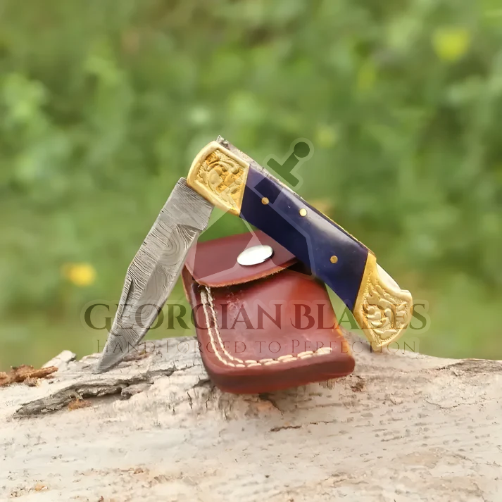 Sapphire Edge Fold: 7" Hand Made Forged Damascus Steel Folding Knife Engraved Brass Bolster Handle