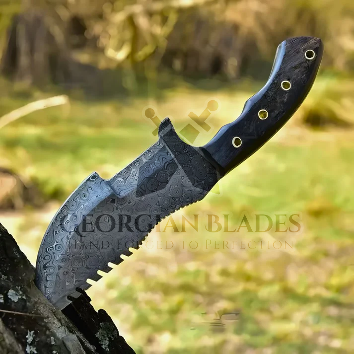 Wilderness Wayfinder: 10” Custom Hand Forged Damascus Steel Tracker Knife With Ram Horn Handle