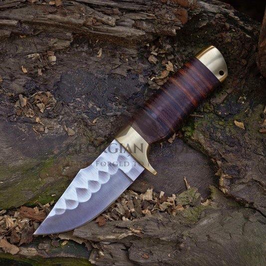 The Outrider – 9-inch Handcrafted Carbon Steel Bushcraft Knife with Leather Stacked Handle & Leather Sheath
