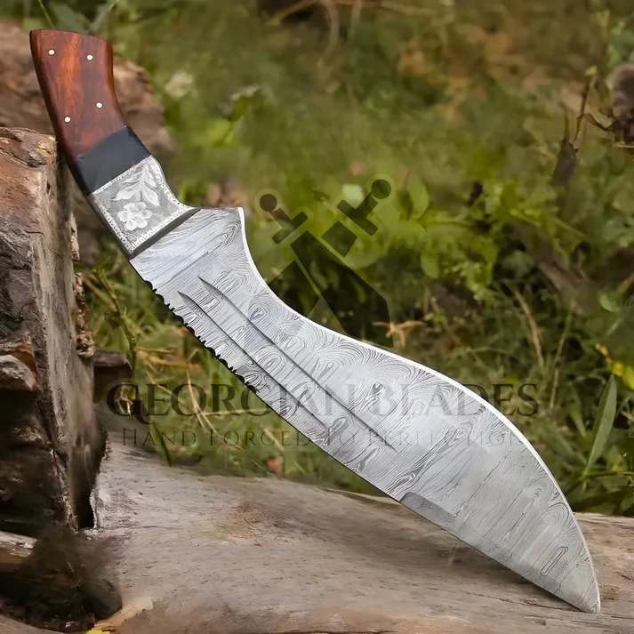 Savage Serpent Kukri: Hand Forged Damascus Steel Survival Hunting Bushcraft Kukri Knife EDC 12” With Cocobolo Wood Bull Horn & Engraved Bolster Handle