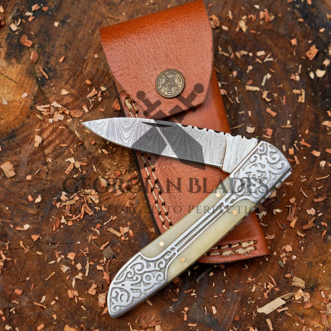 Ivory Edge: 8" Handmade Green Camel Bone Handle Folding Pocket Knife With Engraved Frame Work