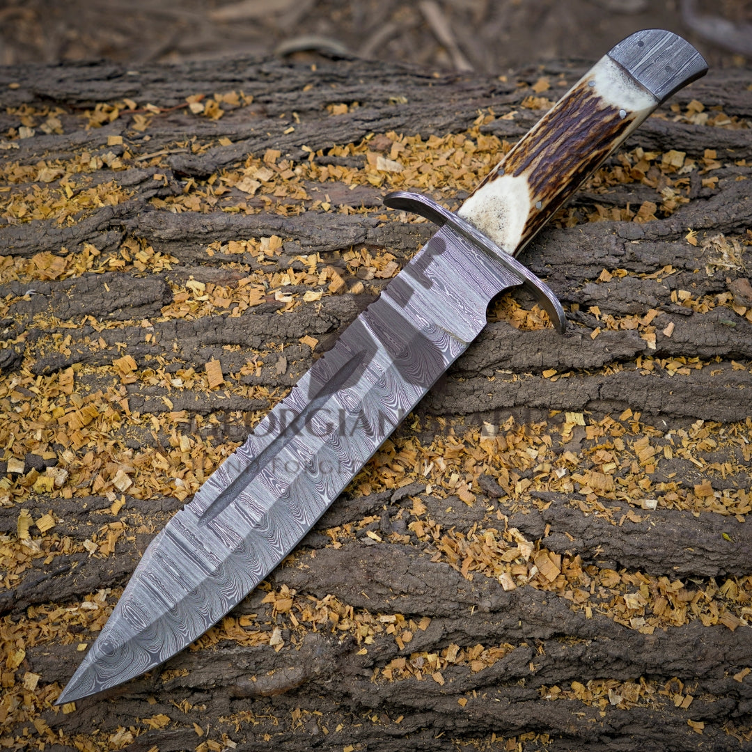 Mountain Majesty: 15" Handmade Damascus Steel Bowie Knife- Full Tang - Stag Antler Handle