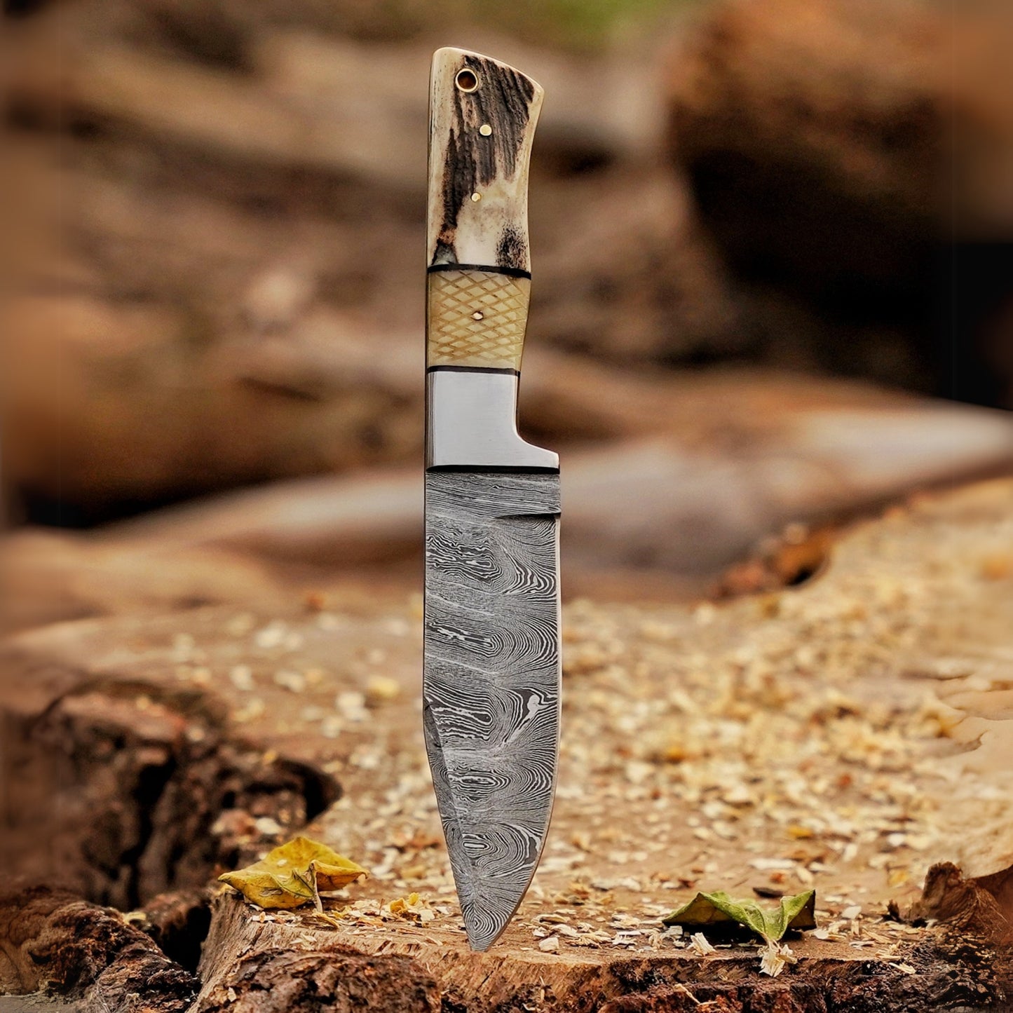 Pecos Pete Slicer: Forged Damascus Steel Skinner Knife EDC 9” -V3 With Stag Antler & Engraved Camel Bone Handle