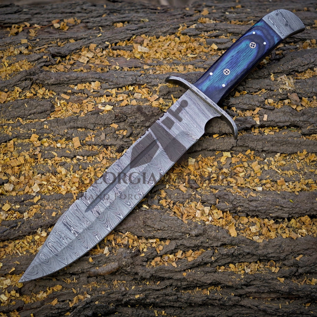 River Runner: 15" Handmade Damascus Steel Bowie Knife- Full Tang - Colored Wood Handle