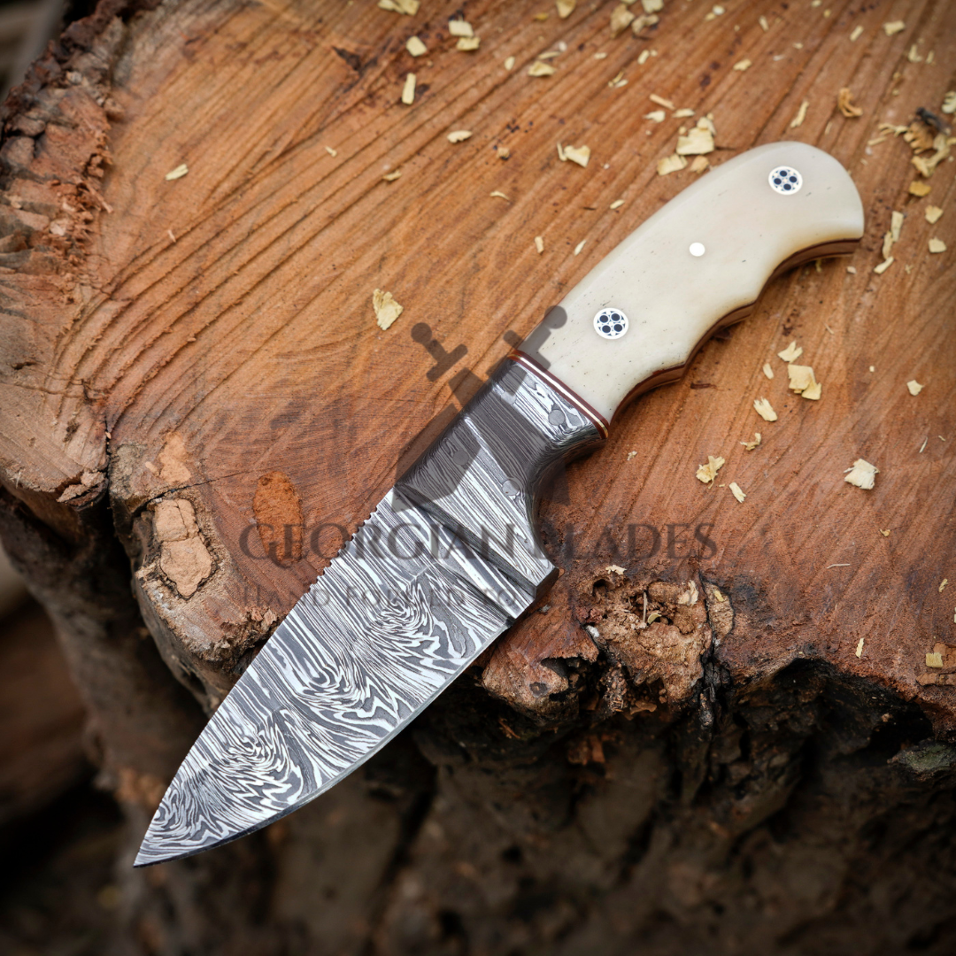 John Henry Slicer - 7.25” Hand Forged Damascus Steel Full Tang Skinner Knife - Camel Bone Handle