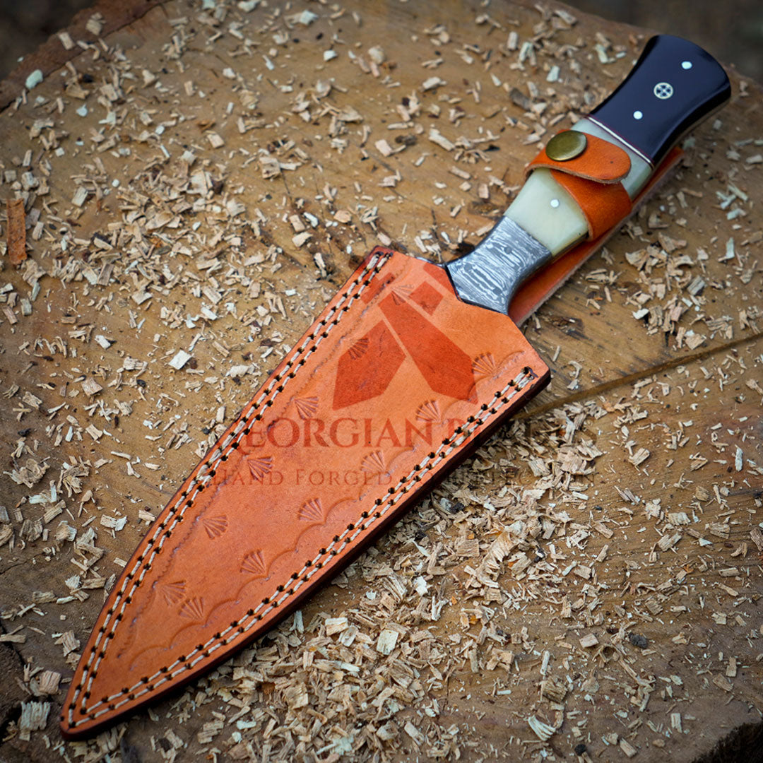 Annie Oakley Carver: Hand Forged Damascus Steel Hunting Boot Knife With Damascus Bolster - Bull Horn & Bone Handle