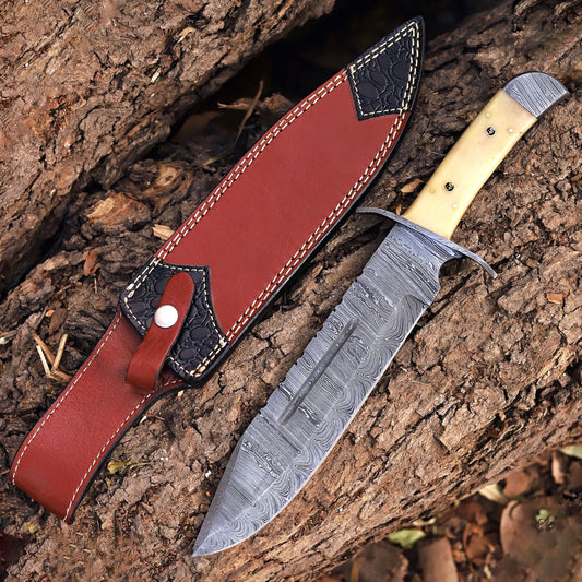 Paul Bunyan Razor - 15" Handmade Damascus Steel Bowie Knife- Full Tang - Camel Bone Handle