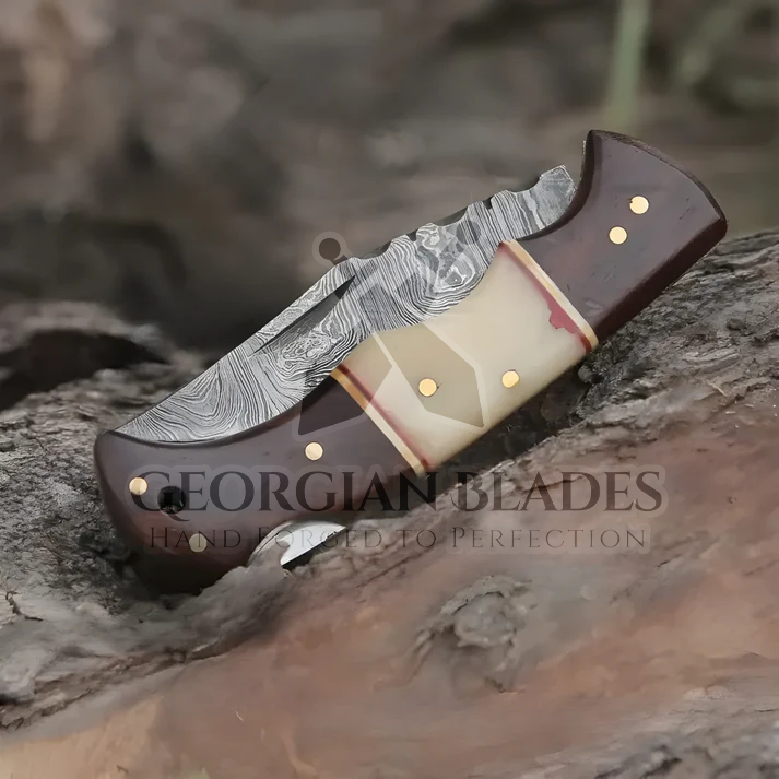 Horned Hunter: Custom Forged Damascus Steel Folding Knife Wood & Bone Handle