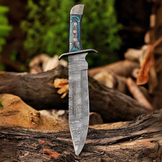 River Runner: 15" Handmade Damascus Steel Bowie Knife- Full Tang - Colored Wood Handle