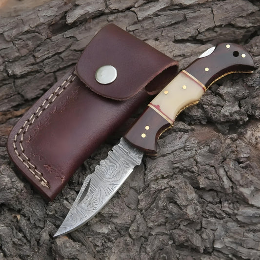 Horned Hunter: Custom Forged Damascus Steel Folding Knife Wood & Bone Handle