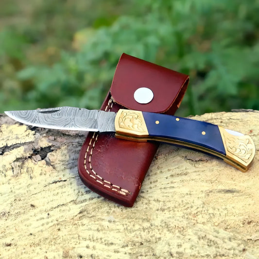 Sapphire Edge Fold: Hand Made Forged Damascus Steel Folding Knife Engraved Brass Bolster Handle