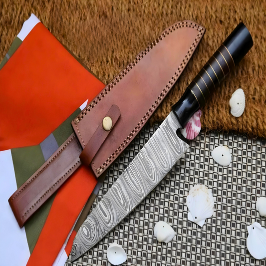 Wilderness Wanderer: 13" Handmade Damascus Chef Knife Buffalo Horn Handle, Damascus Blade Cooking Knife