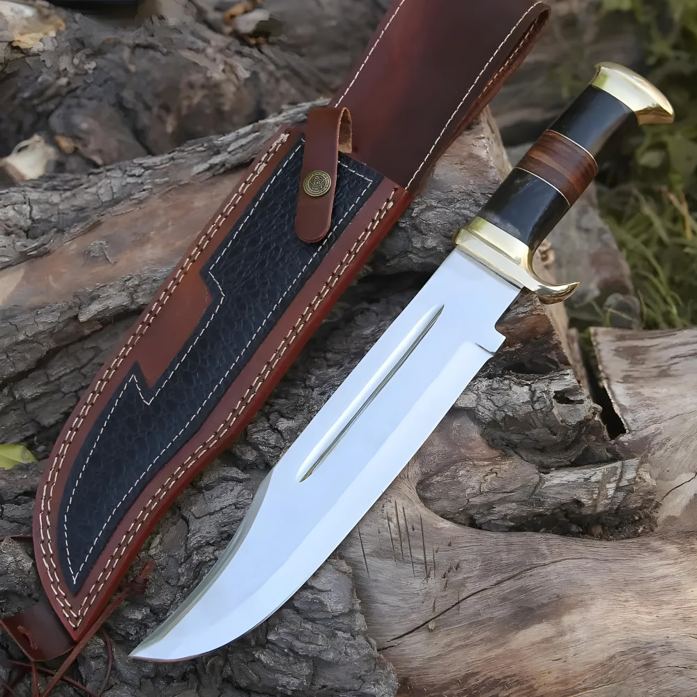 15" Bowie Knife: Scout's Sentine - Handmade D2 Bowie Knife Steel Hunting Fix Blade - Bull Horn & Leather Handle