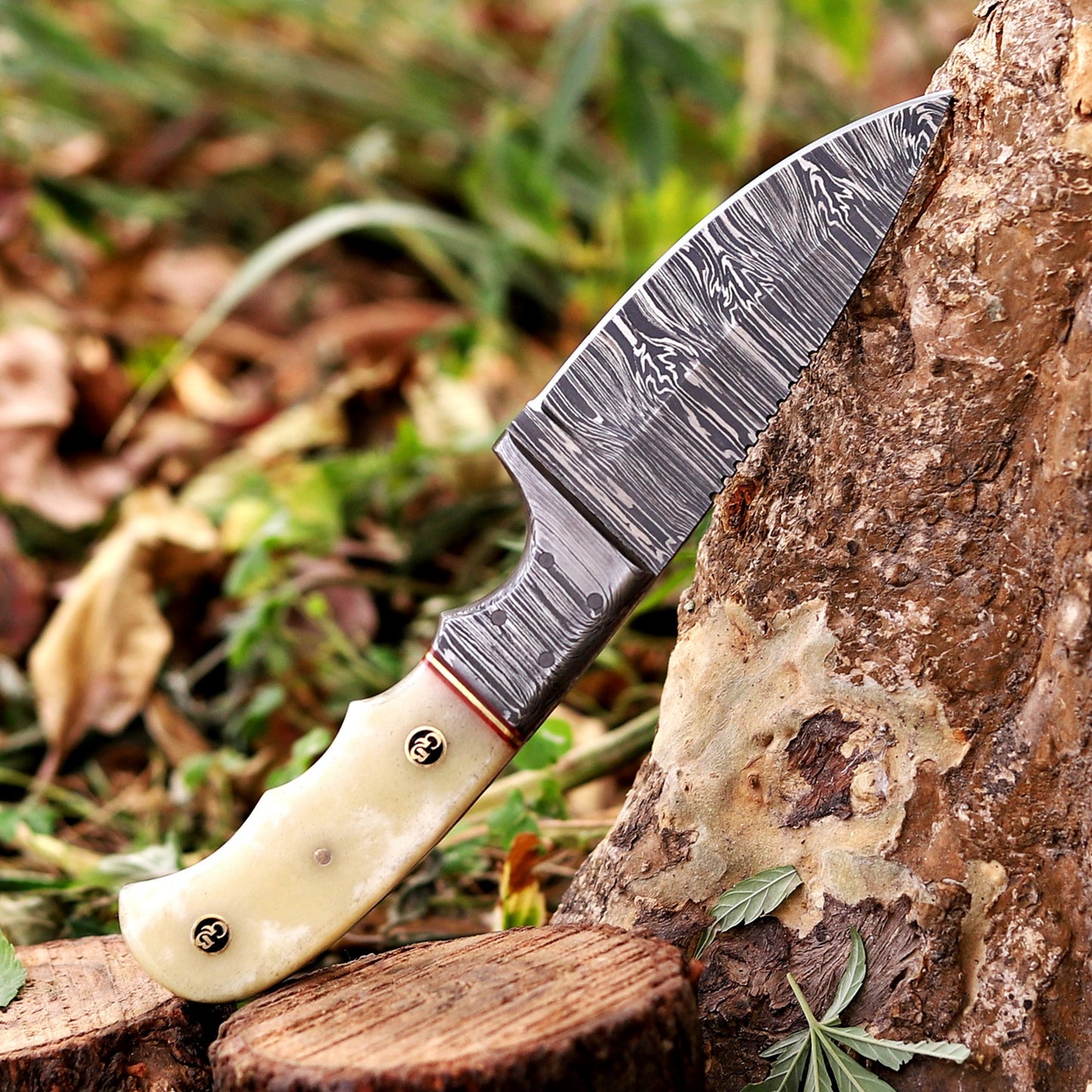 John Henry Slicer - 7.25” Hand Forged Damascus Steel Full Tang Skinner Knife - Camel Bone Handle