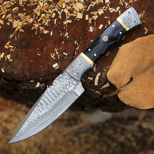 Br'er Rabbit Blade -  8.5” Hand Forged Damascus Steel Full Tang Skinner Knife - Camel Bone Handle