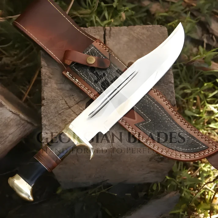 15" Bowie Knife: Scout's Sentine - Handmade D2 Bowie Knife Steel Hunting Fix Blade - Bull Horn & Leather Handle