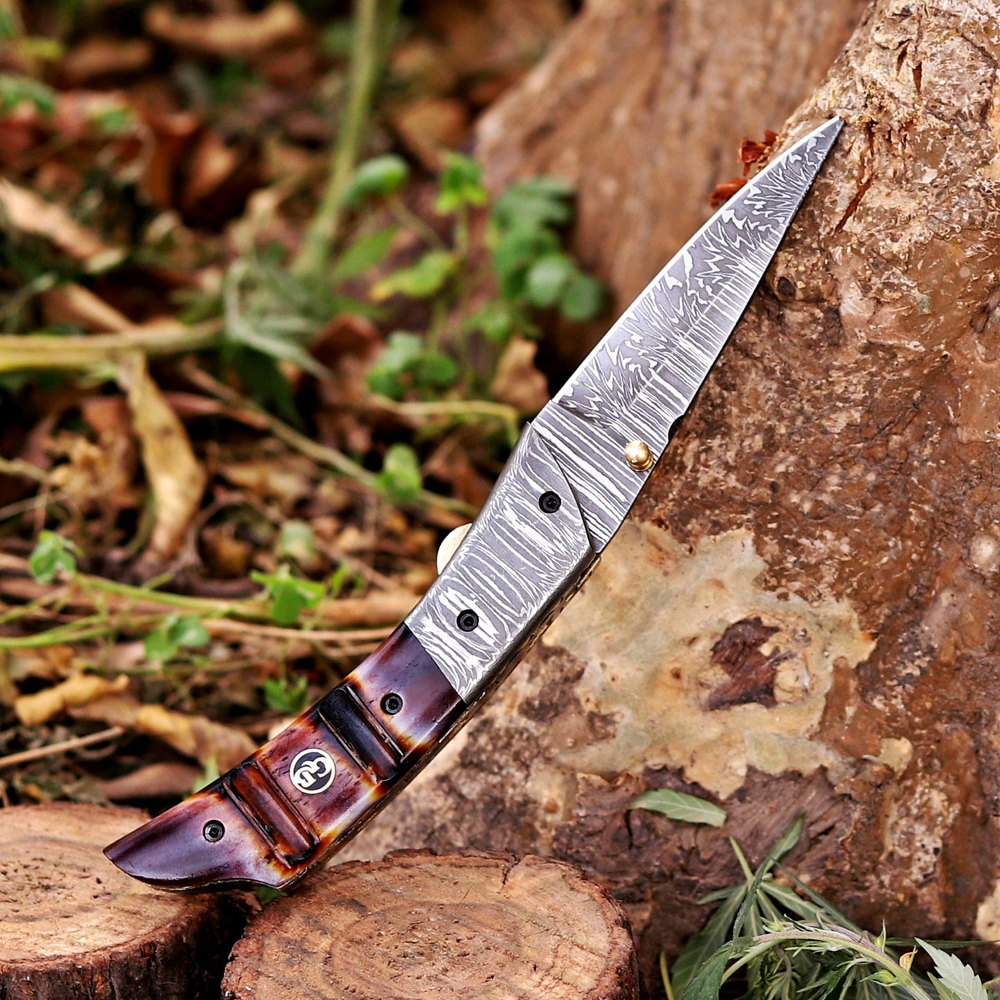 The Nimitz Folder – 7.5 inch Damascus Steel Liner Lock Pocket Knife with Bone Handle and Leather Sheath